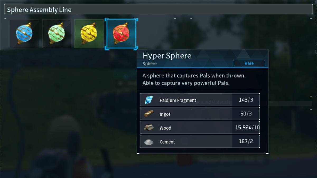 The red Hyper Sphere recipe calls for 3 Paldium Fragments, 3 Ingots, 10 Wood, 10 Stone, and 2 Cement.