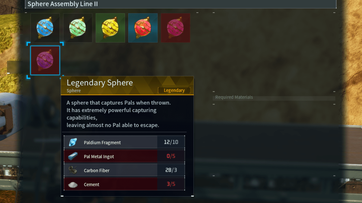The purple Legendary Sphere recipe calls for 10 Paldium Fragments, 5 Pal Metal Ingots, 3 Carbon Fiber, and 5 Cement.