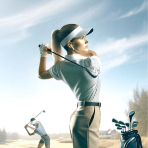 A female golfer flexes her leisure stack by listening to music while golfing with a friend.