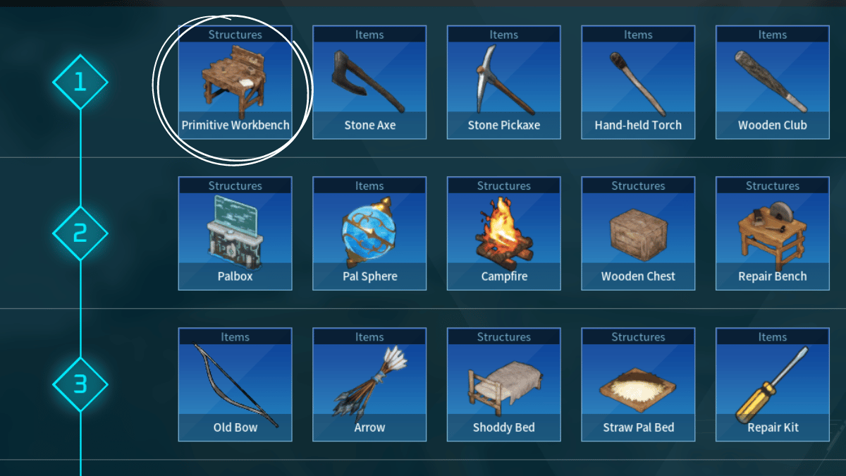A screenshot of levels 1, 2, and 3 of the tech tree in Palworld showing a circle around the Primitive Workbench.