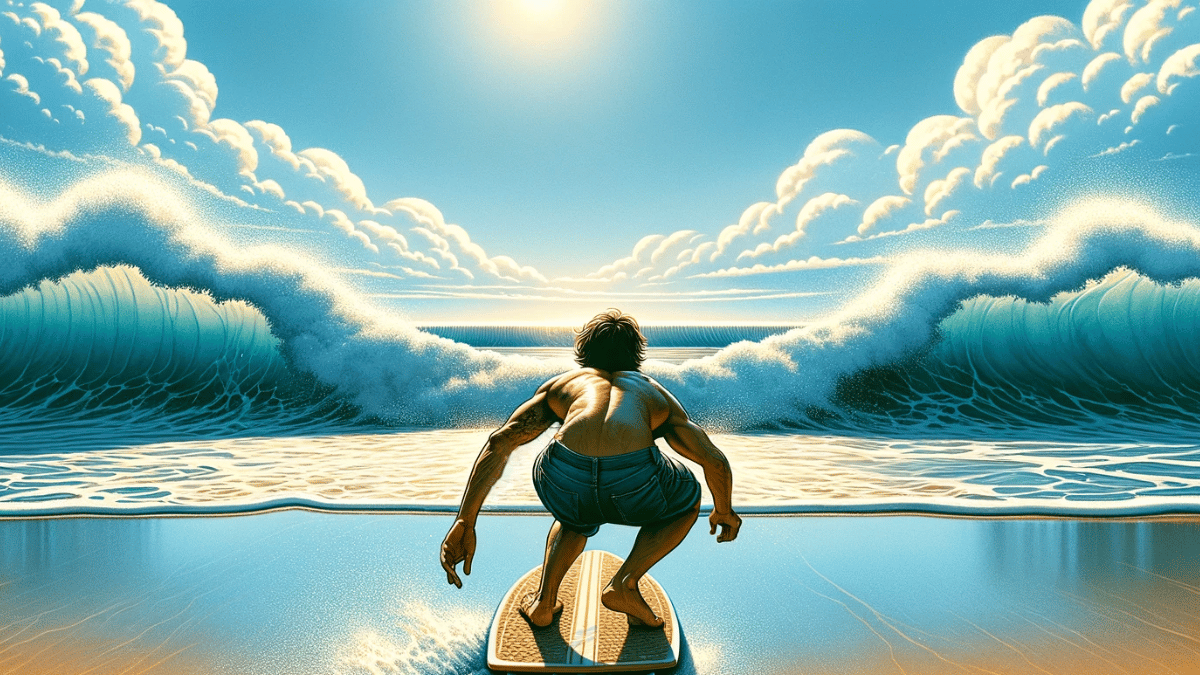 A man skimboarding from the ocean shore toward an incoming wave.