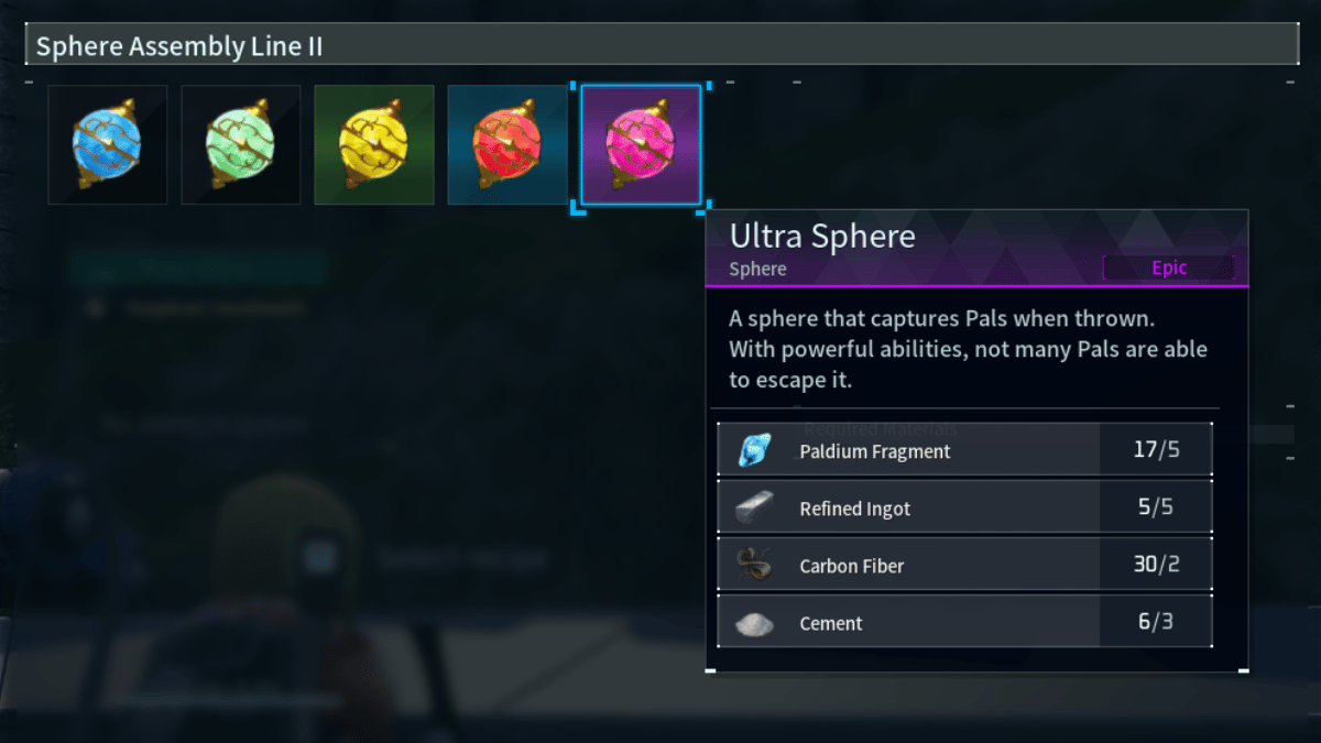 The pink Ultra Sphere recipe calls for 5 Paldium Fragments, 5 Refined Ingots, 2 Carbon Fiber, and 3 Cement.