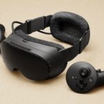 Steam Frame headset and controllers on a studio surface