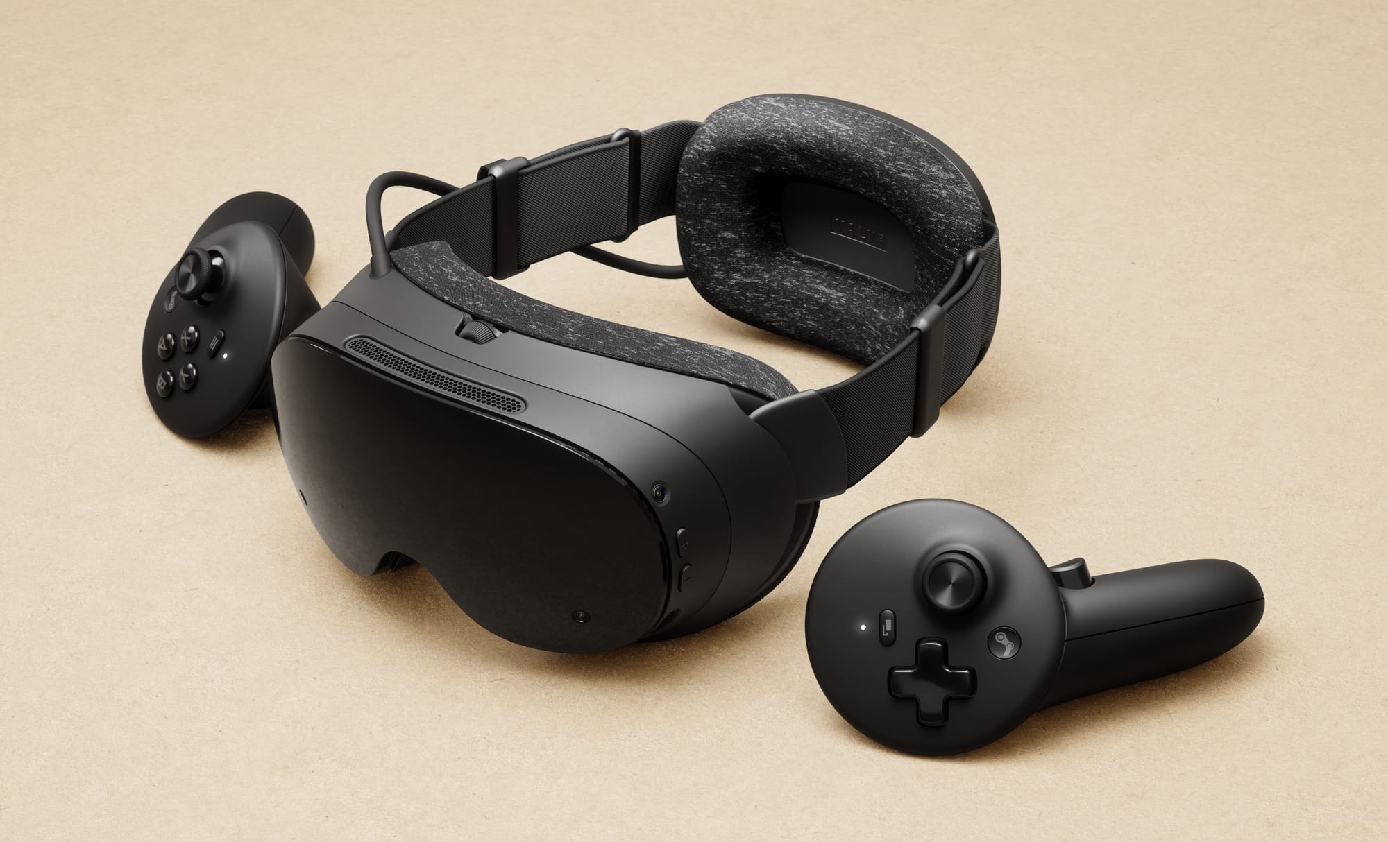 Steam Frame headset and controllers, three-quarter studio shot