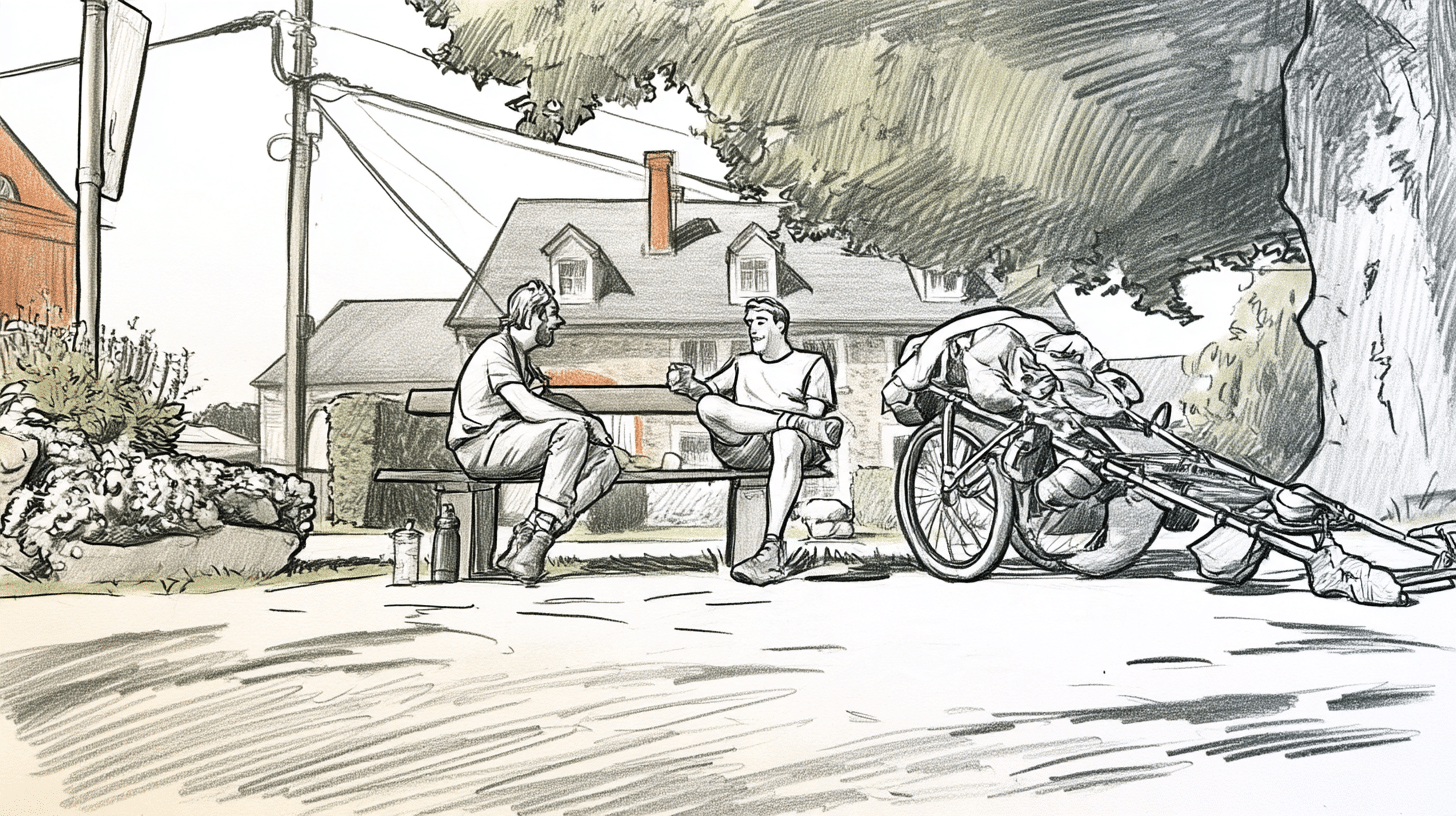 Pencil sketch of two men sitting on a bench and chatting beside a heavily loaded two-wheeled walking cart
