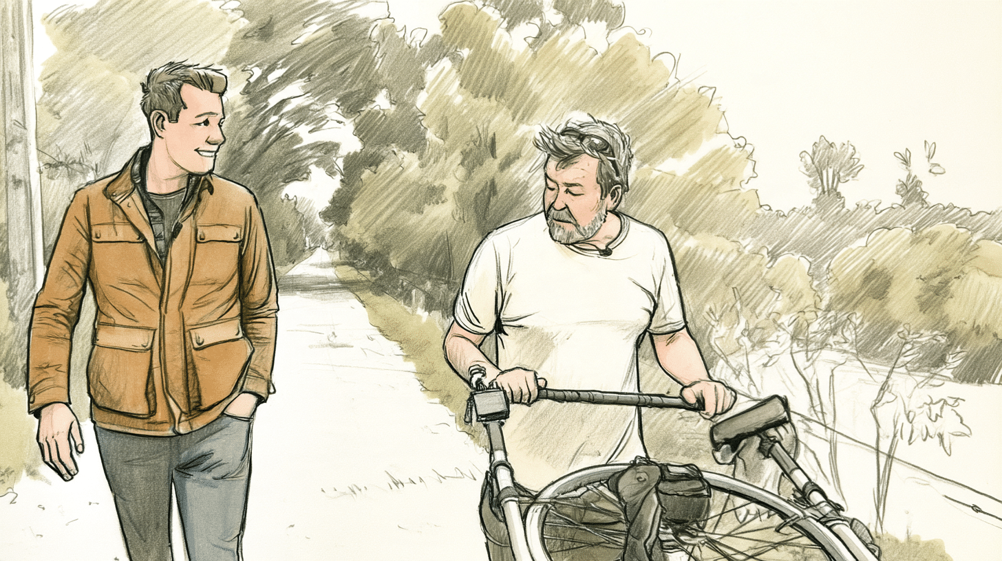 Sketch of two men walking along a country path, one in a white t-shirt pushing a loaded two-wheeled cart beside a companion in a brown jacket