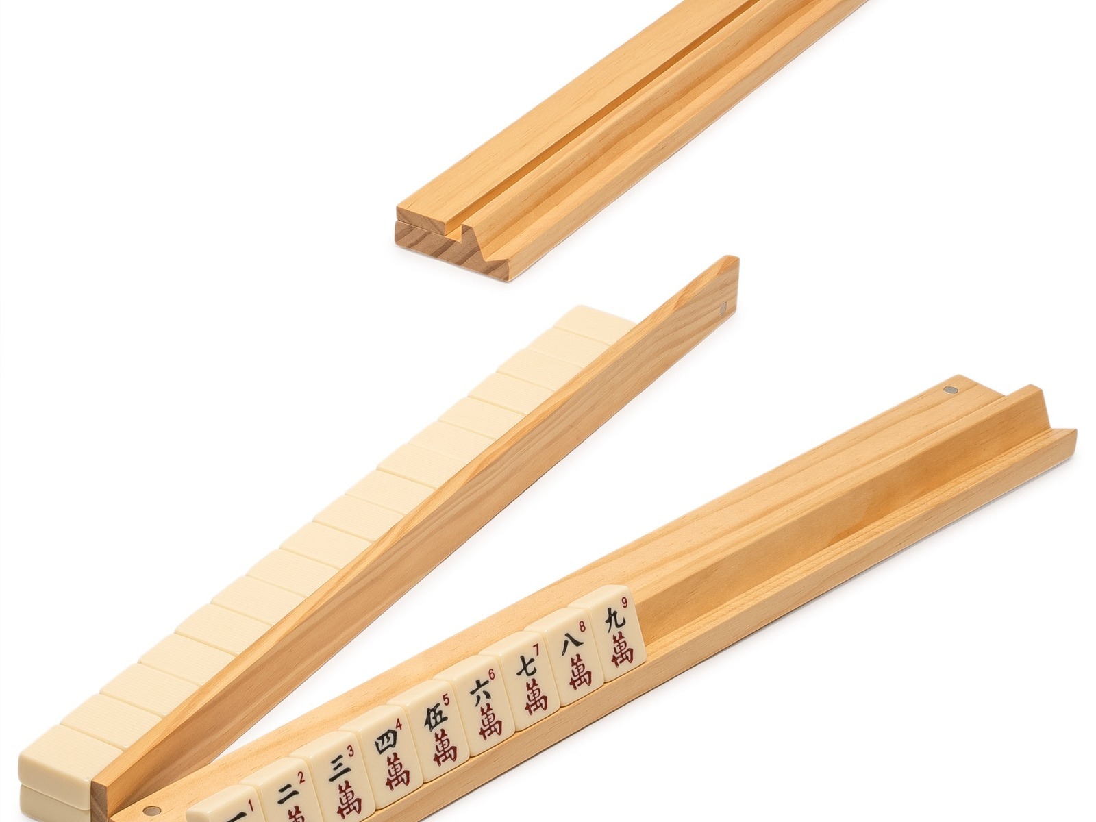 Wooden American mahjong racks with crack tiles numbered one through nine