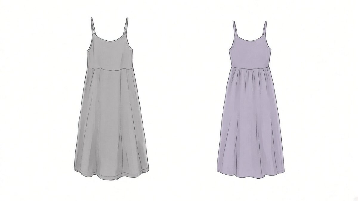 Side-by-side sketches of a thrift dress before and after a quick fit fix