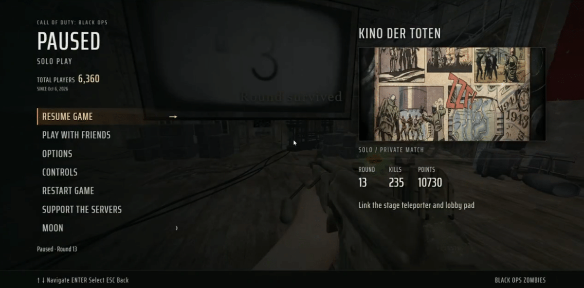 Pause screen of the Kino der Toten browser recreation showing round 13 and total player count.