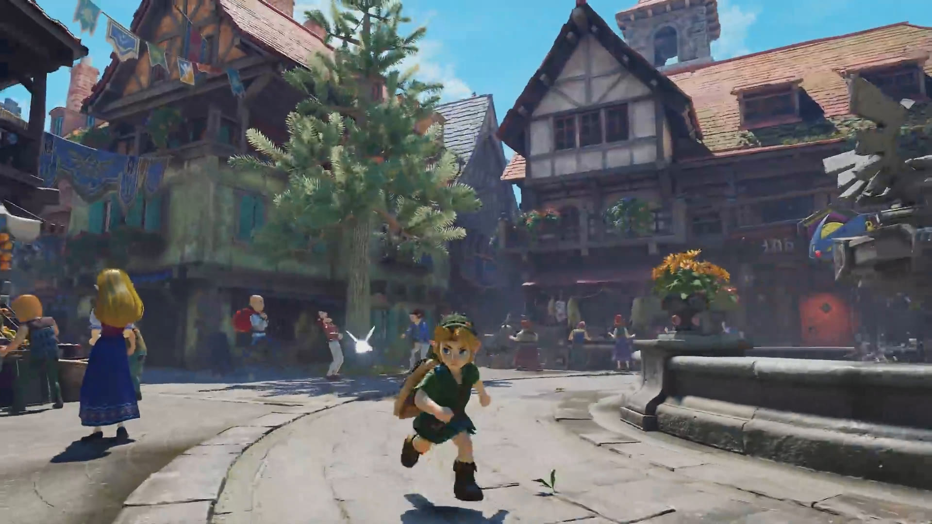 Young Link running across a sunny cobblestone town square lined with timber framed houses and townspeople