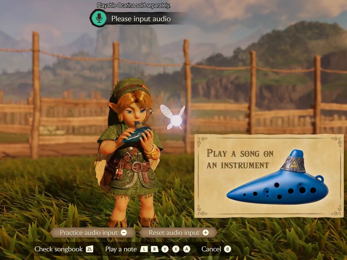 Young Link holding a blue ocarina at a ranch fence while an on-screen prompt reads Play a song on an instrument