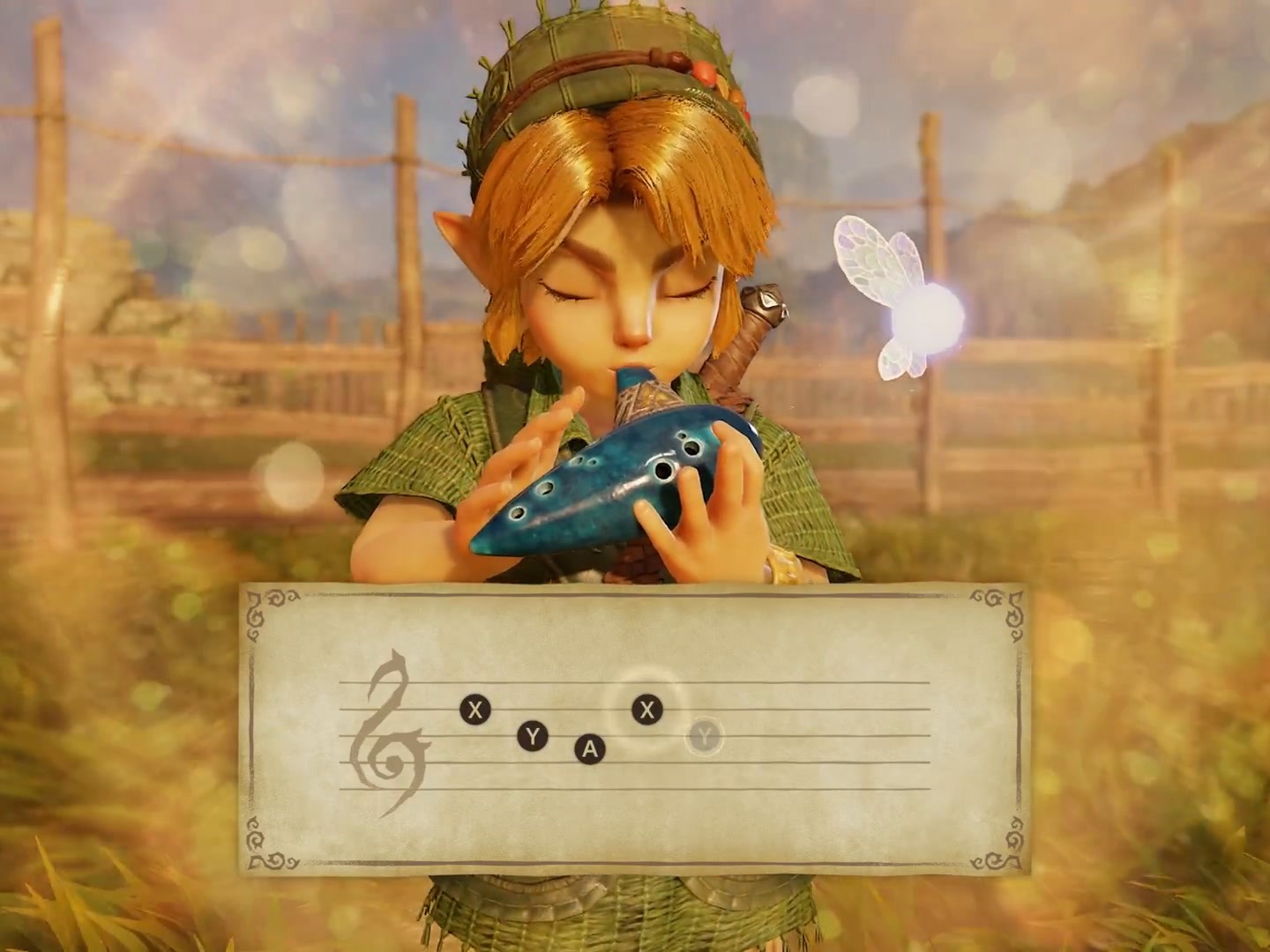 Young Link with eyes closed playing a blue ocarina while a staff of button notes shows the song below him