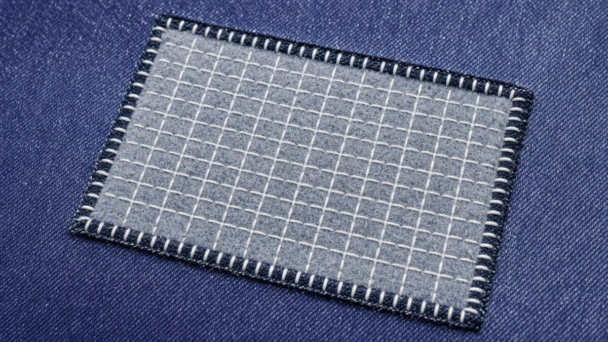 Close-up of sashiko grid stitching on a denim patch