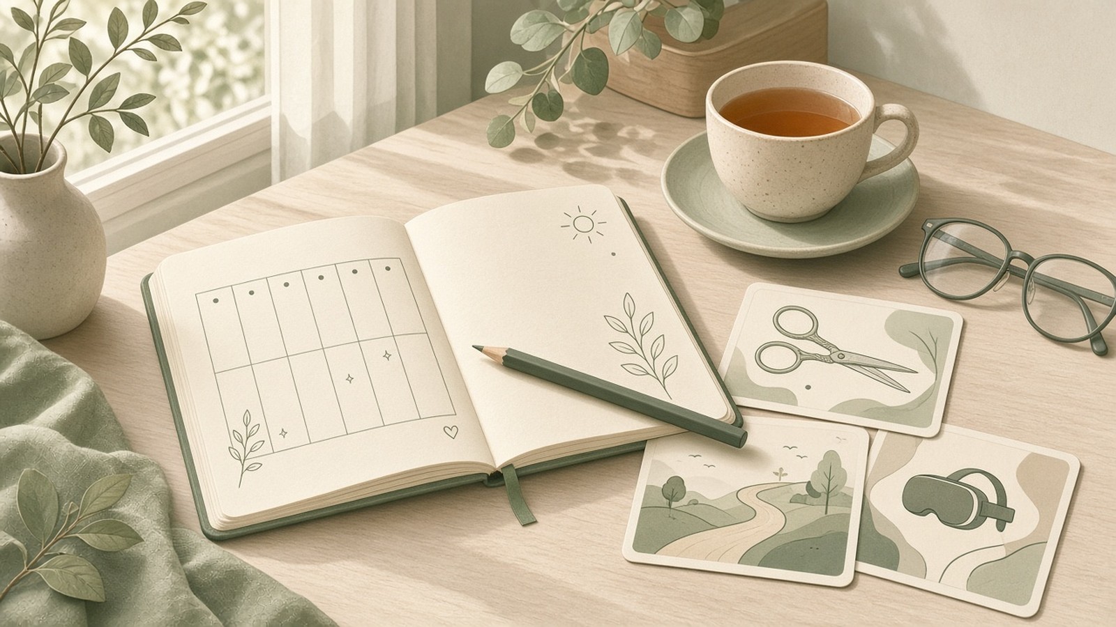 Sunday planning notebook with leisure hobby cards on a calm desk