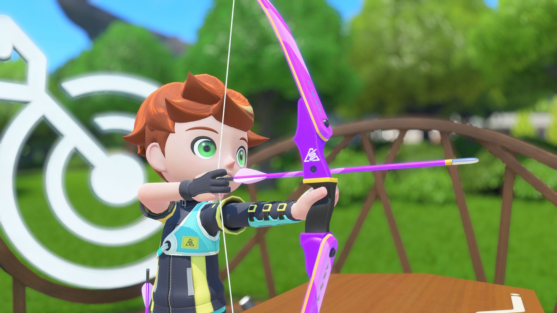 A cartoon archer with red hair draws a purple bow toward a target on a wooded archery range in Nintendo Switch Sports Resort