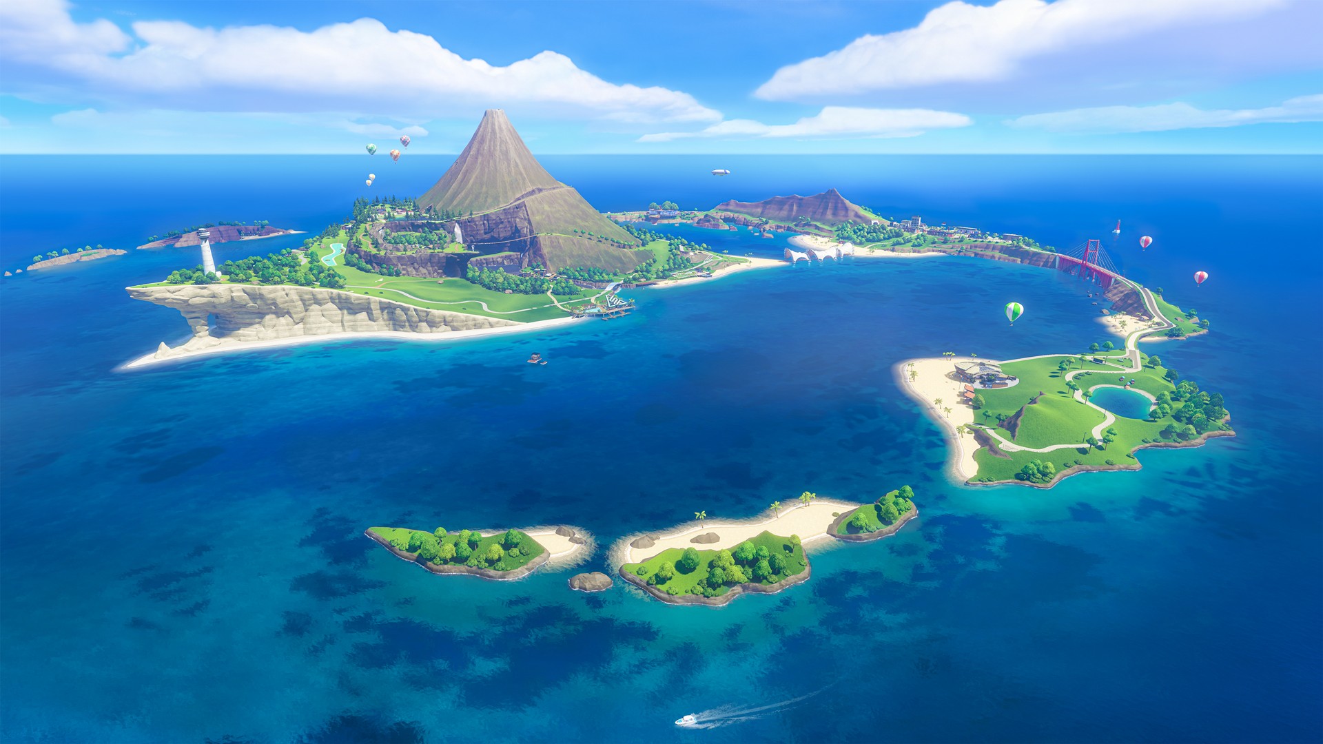 Aerial view of Wuhu Island, a green tropical island with a tall volcano, sandy beaches and a ring of smaller islands in a bright blue sea
