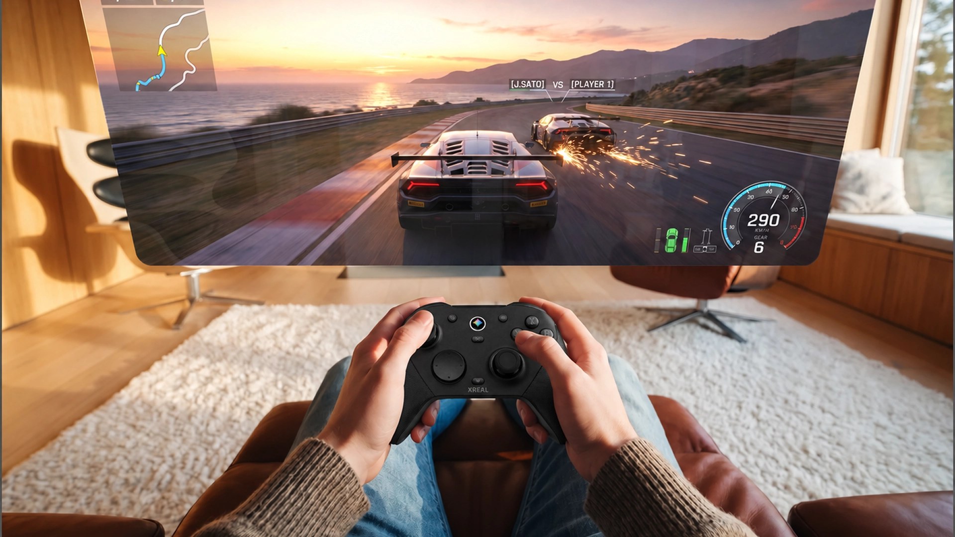 First person view from an armchair of hands holding a black game controller while a racing game floats as a giant virtual screen above a living room rug