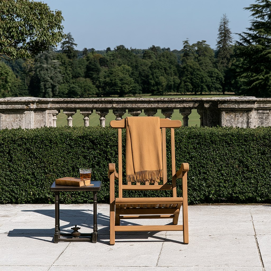 A teak steamer chair with a neatly folded camel throw on a stone estate terrace, beside a small table with a leather book and a glass of iced tea, with a boxwood hedge, balustrade and parkland behind.