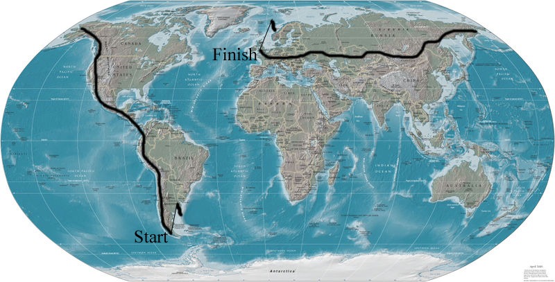 World map with a black line tracing the Goliath Expedition route from the start in southern Chile, north through the Americas to Alaska, then east across Russia and Asia to the finish in Europe