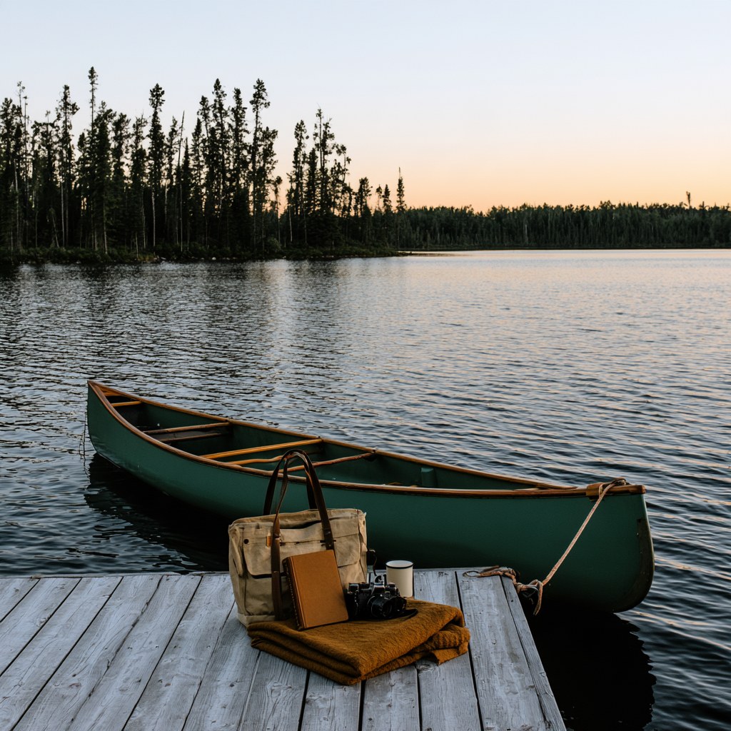 A green canoe tied beside a wooden lake dock at sunset, with a canvas tote, a book, a film camera and a mug on a folded wool blanket.