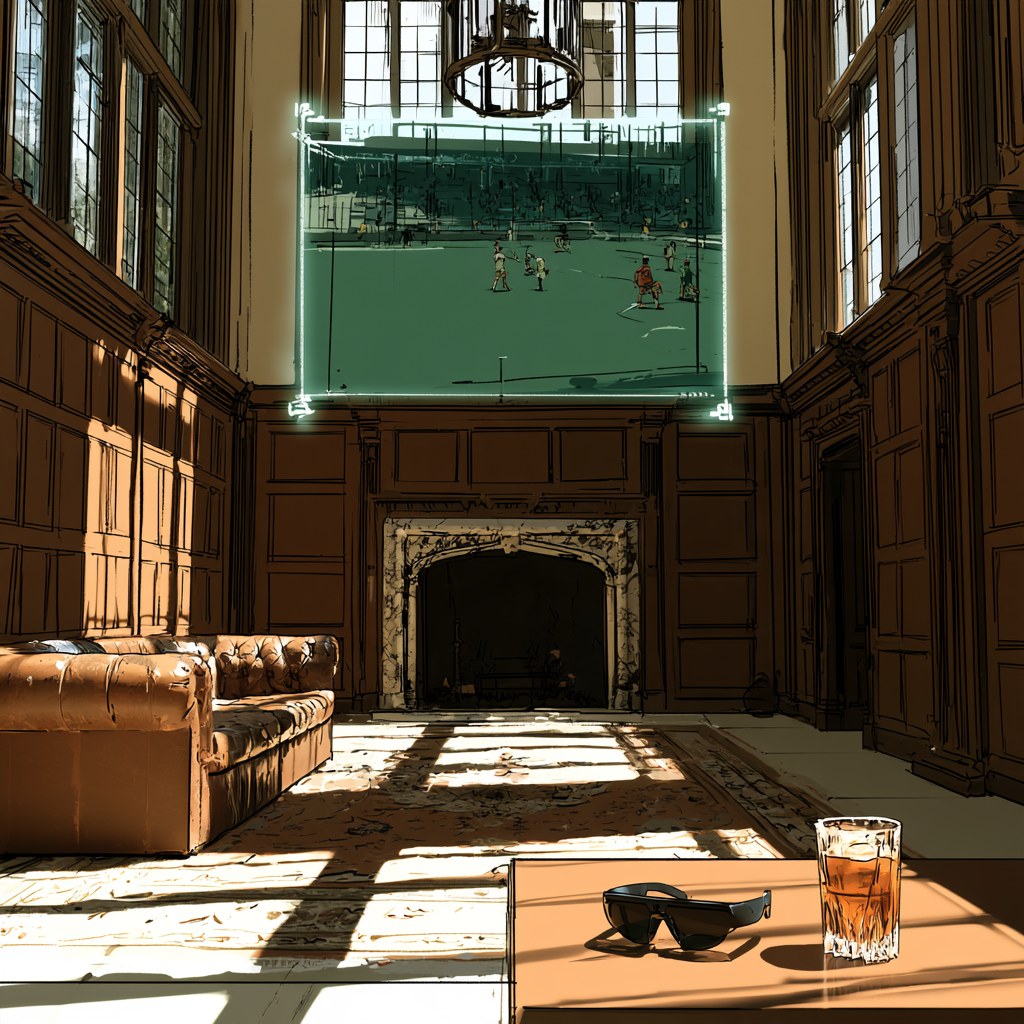 A sunlit oak-paneled living room with a leather Chesterfield sofa and marble fireplace, where a floating augmented reality screen shows a soccer match above the mantel, with AR glasses and a glass of iced tea on the coffee table.