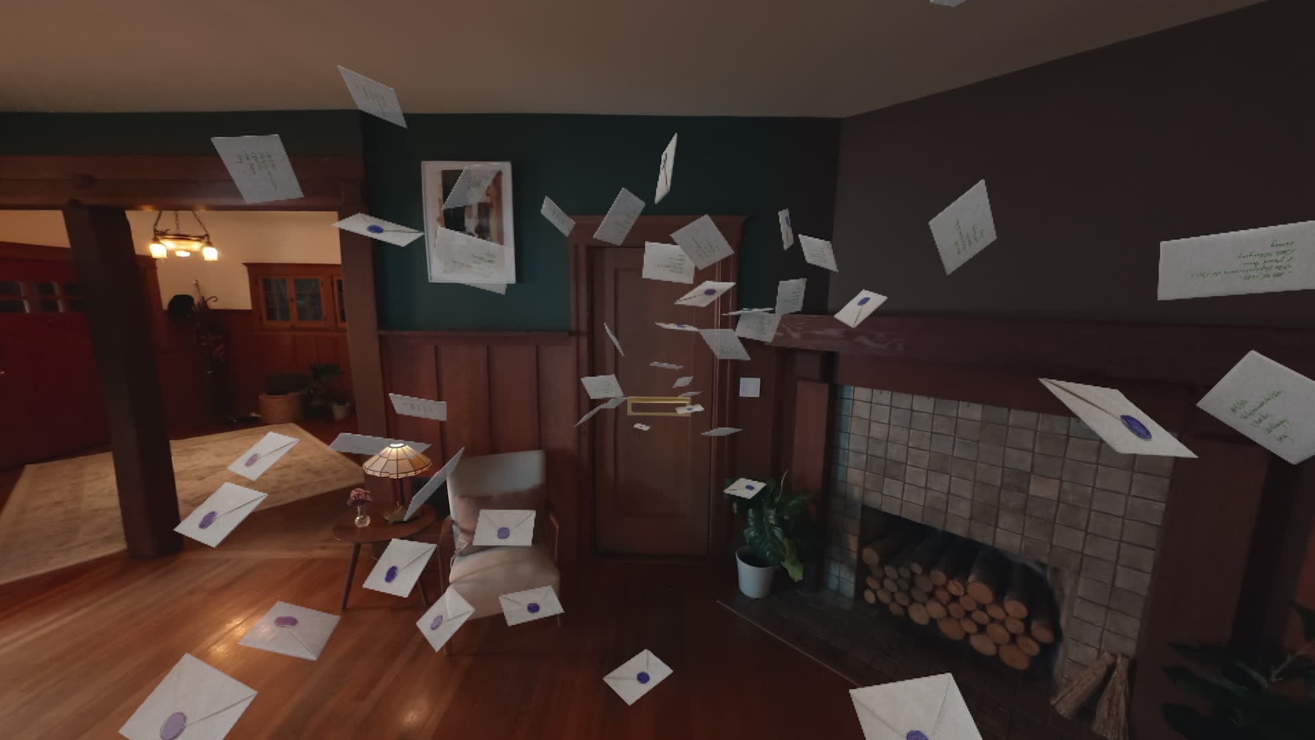 Dozens of sealed letters with purple wax seals fly through a cozy wood paneled living room toward a brick fireplace stacked with logs