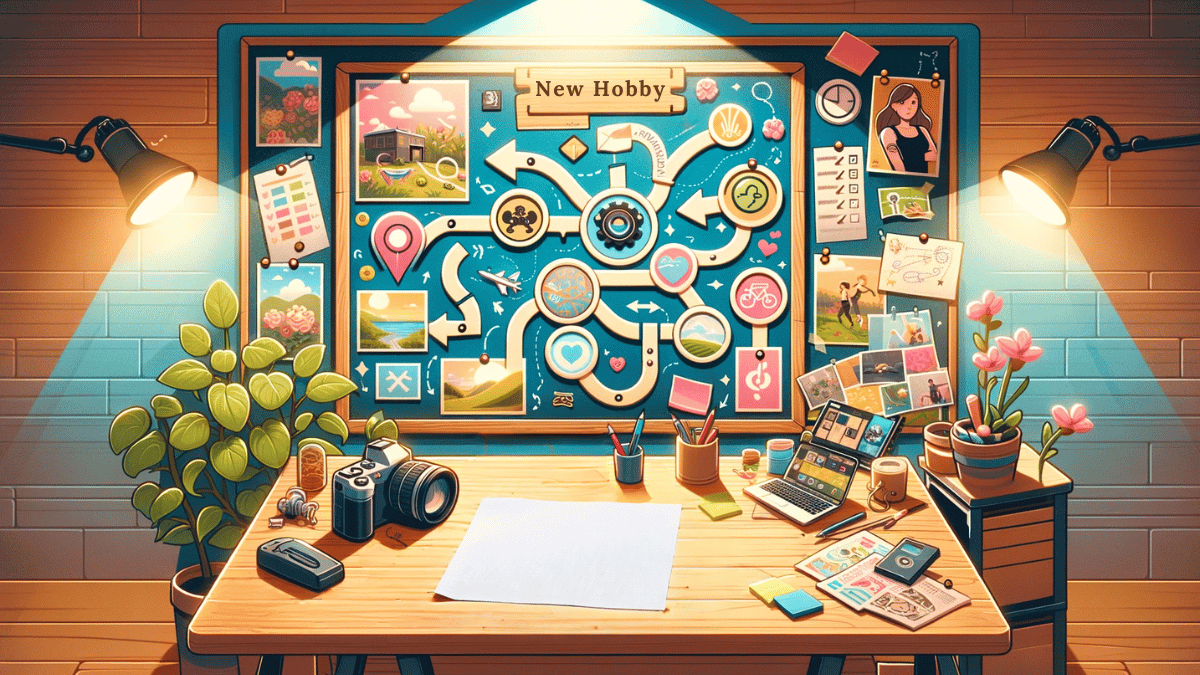 A desk and a bulletin board reveal a space where someone is trying to choose a new hobby.